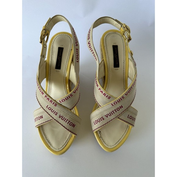 Louis Vuitton Logo Wedge Sandals Heels Espadrilles Cream w Yellow Patent EU 37 - Picture 3 of 11